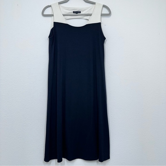 Eileen Fisher Black White Unique Colorblock Stretch Jersey Knit Midi Dress XS - Picture 1 of 5